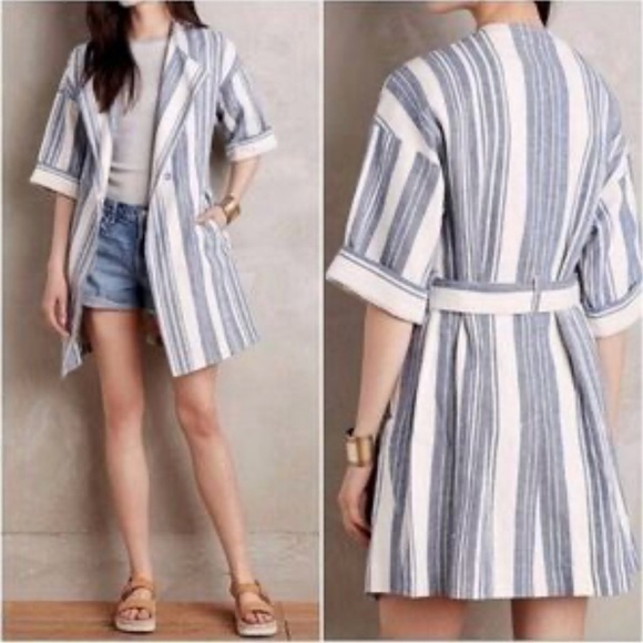 Anthropologie Elevenses Blue and White Striped Jacket with Pockets and Belt - Picture 1 of 12
